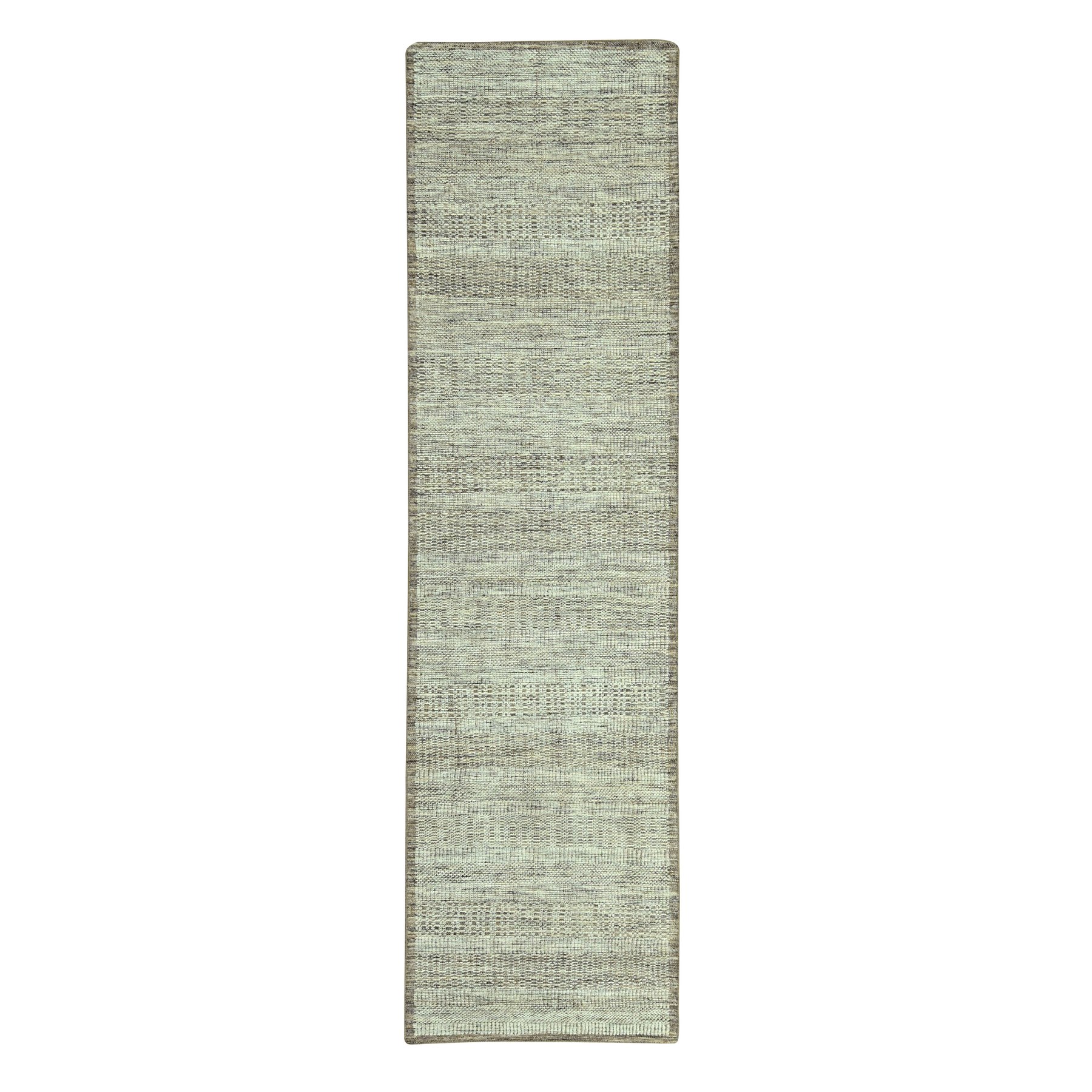 Beaver Brown with Ivory, Oxidized and Distressed Grass Design with Exposed Warps, 100% Wool, Hand Knotted, Narrow Runner, Oriental Rug